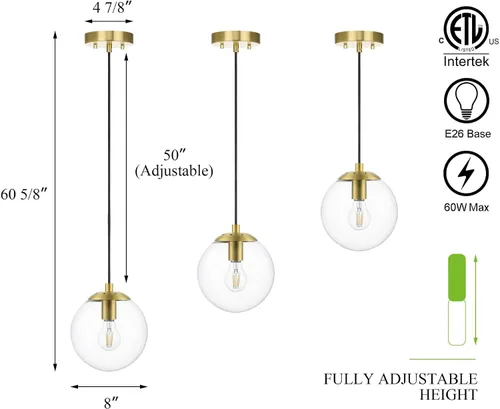 Vista 6 de XiNBEi Lighting - Lámpara colgante de globo de 8 pulgadas con latón satinado de vidrio transparente Mid Century Modern, Adjustable, Round Hanging