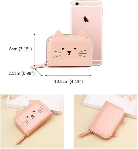 Vista 5 de JIUFENG Cartera para mujer con bloqueo RFID, bonito diseño de gato, con cremallera, multiusos, tarjetero pequeño