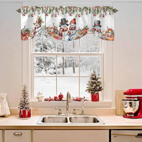 Vista 3 de Cenefa de amarre de muñeco de nieve de dibujos animados para ventanas de cocina, bolas de Navidad, ramas de hojas, cenefas de cortina de 42 x 12