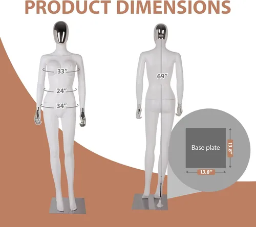 Vista 3 de Kinfant Maniquí femenino de cuerpo completo, blanco y plateado, elegante maniquí femenino alto con base de metal estable, pantalla