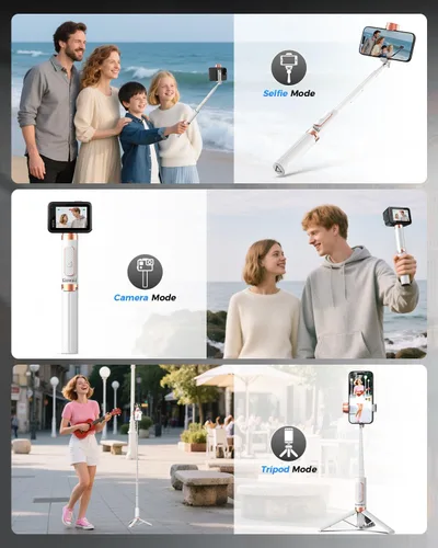 Vista 6 de Trípode Selfie Stick para iPhone y Android, soporte de trípode portátil para teléfono con control remoto Bluetooth, apertura con un solo clic