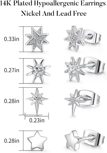 Vista 2 de 4 Pairs White Gold Star Stud Earrings for Women Celestial Hypoallergenic Silver Stud Earrings Set for Sensitive Ears