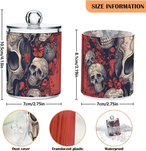 Vista 3 de Vnurnrn Qtip - Dispensador de bolas de algodón con tapa, estampado de corazones y calaveras, tarros de plástico, recipientes de baño, organizador