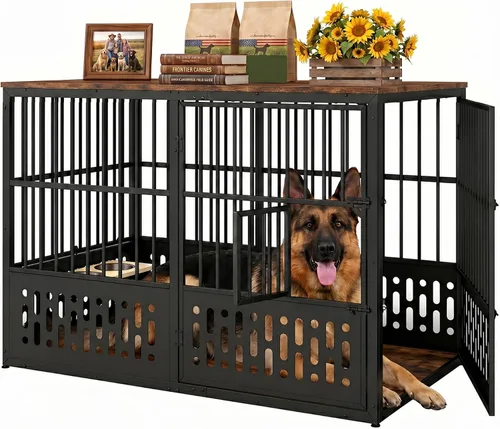 Vista 9 de Yafylly Jaula para perros pequeños de 32 pulgadas, muebles de madera para perros pequeños y medianos, ventana interactiva, cuencos ajustables
