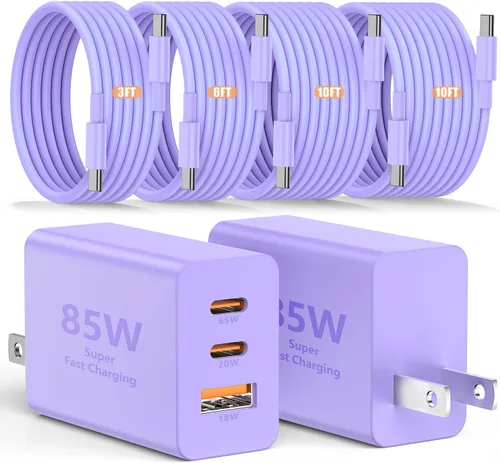Vista 11 de Susnwere - Cargador de pared USB C de 85 W para Samsung S26 Ultra, 3 puertos de 100 W PD rápida 3.0 tipo C carga con cable USB C de 3/6/10/10 pies
