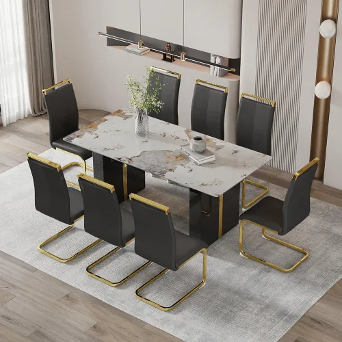 Vista 5 de Mesa de comedor moderna para mesa de comedor de mármol sintético blanco de 6, 8, 71 pulgadas, con patas negras y doradas, mesa de cocina rectangular