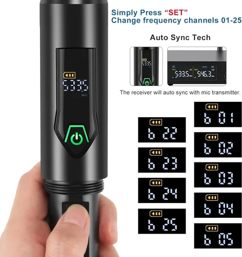 Vista 6 de Sistema de micrófono inalámbrico de 4 canales, micrófono inalámbrico de metal UHF cuádruple, 4 x 25 canales, sistema de micrófono inalámbrico