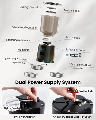 Vista 6 de Alimentador Automático para Gatos para 3 Gatos, Dispensador de Comida para Gatos de 6L/25 Tazas con Fuerte Sistema Anti-Atasco, Desecante de Doble
