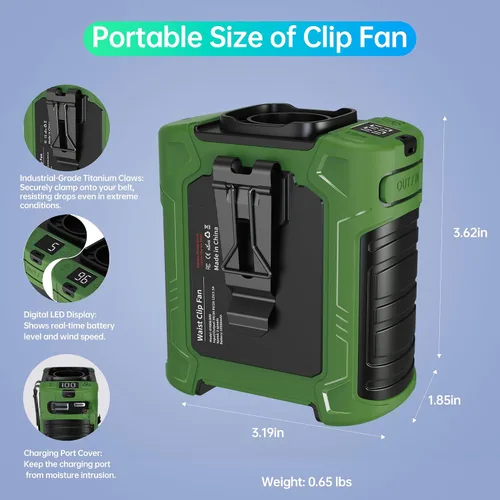 Vista 7 de Ventilador de cintura, ventilador recargable de clip de cinturón de 10000 mAh, flujo de aire turbo de 59 pies/s, 18500 rpm, 6 velocidades, hasta 35