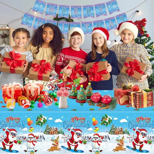 Vista 2 de 3 piezas de mantel de Navidad - Mantel de plástico de Papá Noel genial para Navidad, mantel rectangular desechable azul y blanco para decoración