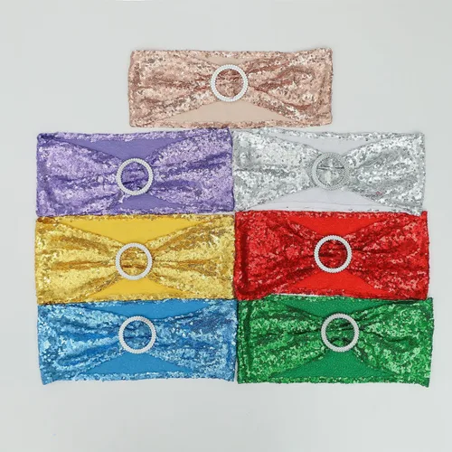 Vista 7 de Bandas de silla doradas totalmente cubiertas de lentejuelas brillantes para bodas, bandas de silla con purpurina brillante y lazos para decoraciones