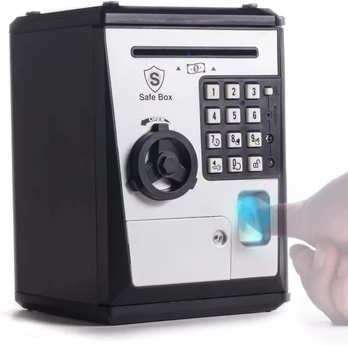 Vista 7 de LIKE Alcancía de Juguete Caja Fuerte con Huella Dactilar Cajero Automático Banco Máquina de Dinero y Monedas Caja de Ahorros para Niños Azul