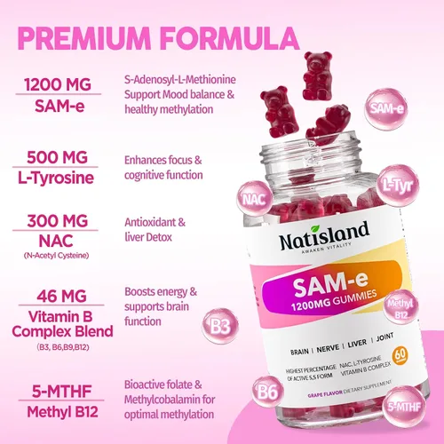 Vista 4 de SAM-e con gomitas de L-tirosina, complejo B metilado y NAC, 60CT