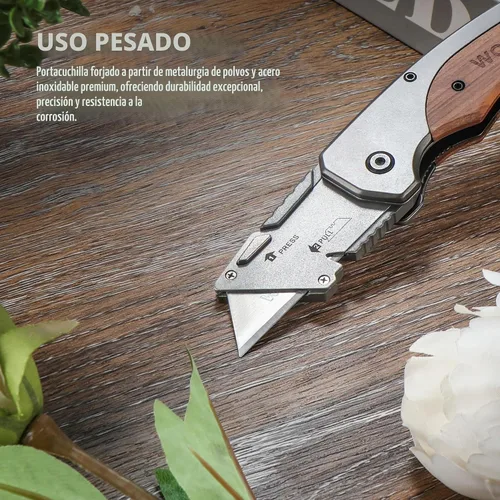 Vista 3 de WORKPRO Cuchillo utilitario plegable, cuchillo de afeitar con mango de madera Quick-Change Box Cutter with Stainless Steel Head, Liner Lock and