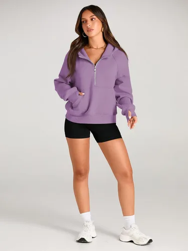Vista 4 de AUTOMET Sudaderas con media cremallera, sudaderas cortas con capucha de forro polar para mujer, sudadera con cremallera de un cuarto, trajes