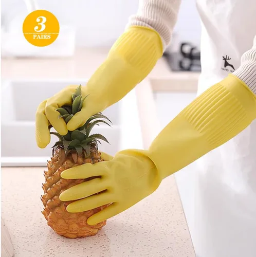 Vista 4 de 3 pares de guantes de 17.8 pulgadas de longitud con codo de goma reutilizables, impermeables, para limpieza del hogar y cocina, tamaño pequeño