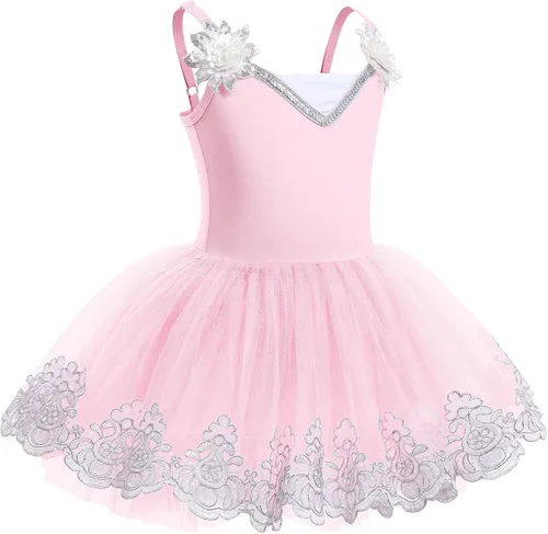 Vista 3 de ODASDO Leotardo de ballet para niñas, camisola, faldas tutú, lentejuelas brillantes, bordado de flores, vestido de baile, traje de gimnasia