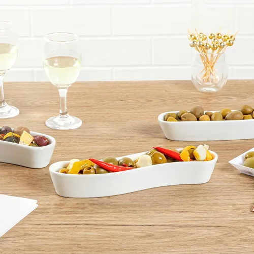 Vista 6 de Restaurantware Swerve - Plato de oliva de 6 onzas, 1 bandeja curvada de aceituna, de porcelana blanca, resistente a astillas, canoa de olivo apta