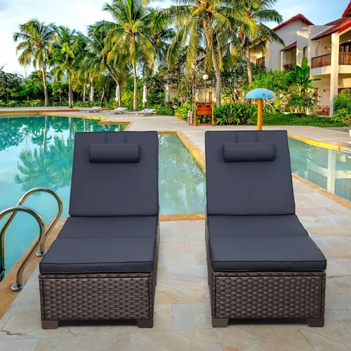 Vista 3 de Rattan Star Juego de 2 tumbonas de mimbre marrón para exteriores, tumbonas de piscina, respaldo ajustable multiángulo con cojines azules