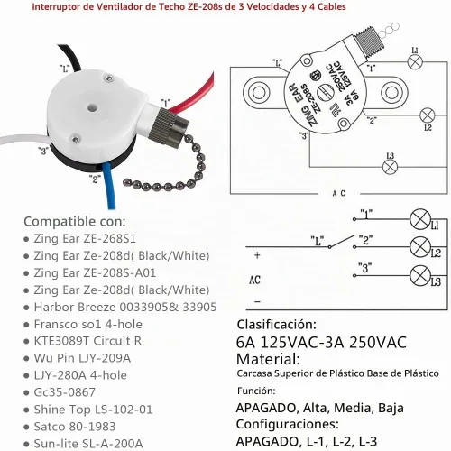 Vista 2 de Interruptor de ventilador de techo con 4 cables preinstalados de 3 velocidades y 4 cables, ZE-208s Zing Ear E89885, cadena de tracción de Negro