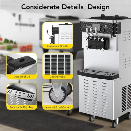 Vista 6 de Máquina de helado comercial suave, 3 sabores, capacidad de 14 L, panel LCD, compresor ompresor eléctrico para helados, ideal para restaurantes