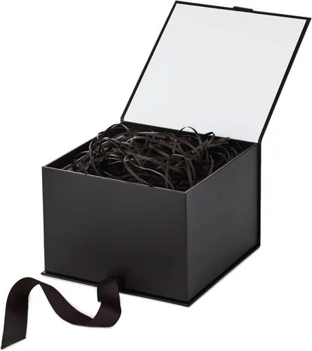 Vista 4 de Hallmark Caja de regalo mediana con tapa y relleno de papel triturado (caja negra de 7 pulgadas) para bodas, graduaciones, cumpleaños, día