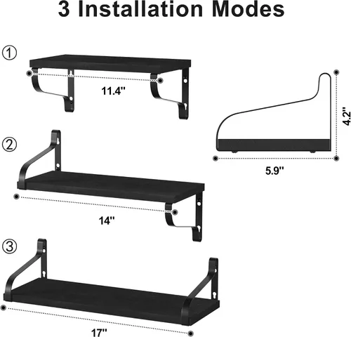 Vista 3 de Love-KANKEI Estantes flotantes montados en la pared de madera rústica, juego de 3 estantes para dormitorio, sala de estar, baño, cocina, color negro