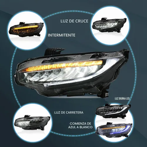 Vista 3 de VLAND Conjunto de faros delanteros para Honda Civic DRL 2016-2021 de 10ª generación con animación de inicio 44-46/Azul DRL