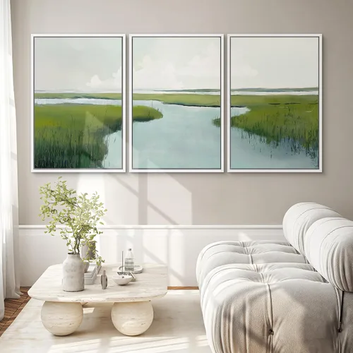 Vista 4 de SIGNWIN Lienzo enmarcado para pared, juego de arte sereno de pantanos con humedales verdes e ilustraciones de agua tranquila, arte moderno