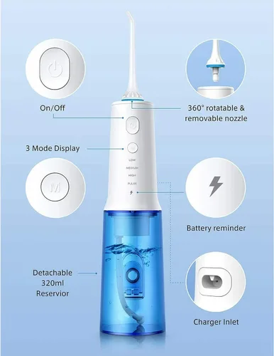Vista 5 de Irrigador dental portátil recargable por USB, IPX7 impermeable, 4 boquillas con caja de almacenamiento, bolsa de viaje, batería de larga duración