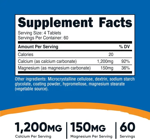 Vista 2 de Nutricost Carbonato de calcio y magnesio 240 tabletas, 1200 mg de Ca y 150 mg de mg por porción, 60 porciones, sin gluten, sin OMG