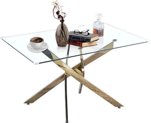Vista 6 de Mesa de comedor moderna de vidrio de 51 pulgadas, mesa de cocina rectangular con mesa de vidrio templado de 0.39 pulgadas y patas de acero