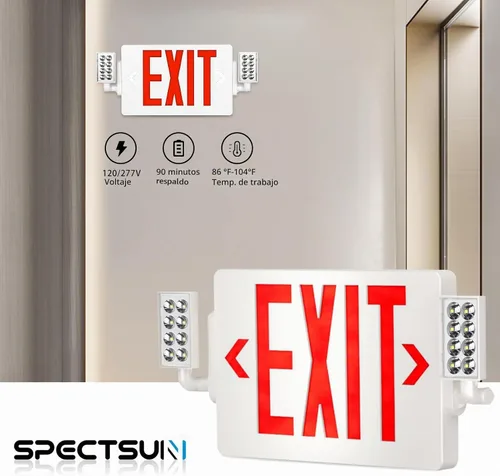 Vista 3 de Spectsun - Paquete de 1 señal de salida roja con luces de emergencia, dos luces LED de salida de emergencia ajustables con batería de respaldo Rojo
