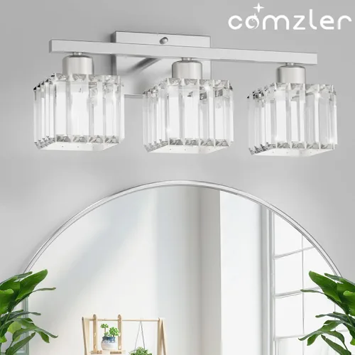 Vista 7 de comzler Lámparas de baño de 3 luces sobre espejo, lámpara de pared de cristal de níquel cepillado con base E26 para espejo, cocina, sala de estar