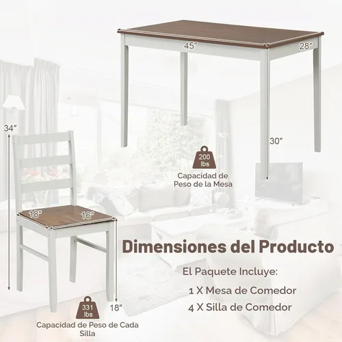 Vista 8 de Giantex Juego de comedor de 5 piezas para 4, mesa rectangular de madera maciza y 4 sillas con patas de madera de goma, juego de mesa de cocina