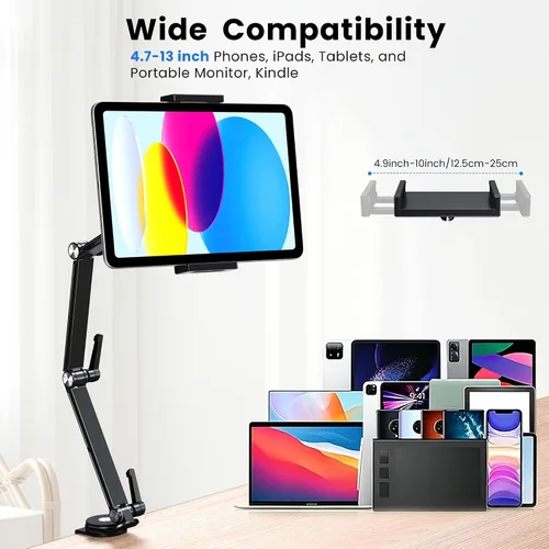 Vista 5 de CreaDream Soporte de aluminio para tableta de tres brazos para escritorio Adjustable Tablet Arm Holder with 360°Rotating Base, Compatible with