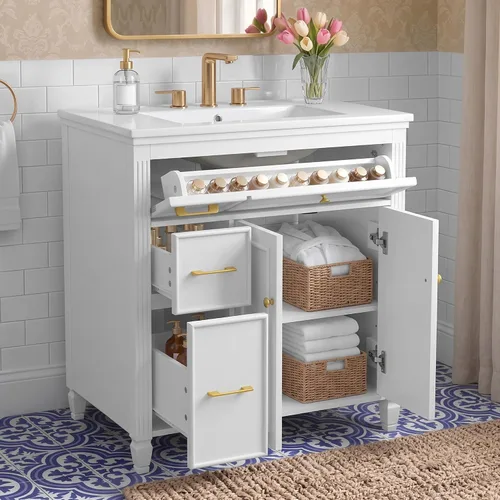 Vista 26 de Harper & Bright Designs Tocador de baño de 24 pulgadas con lavabo, tocador de lavabo individual independiente con una puerta y 3 cajones de cierre