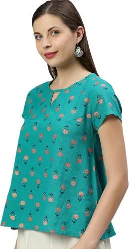 Vista 4 de Janasya Top indio de algodón verde azulado para mujer