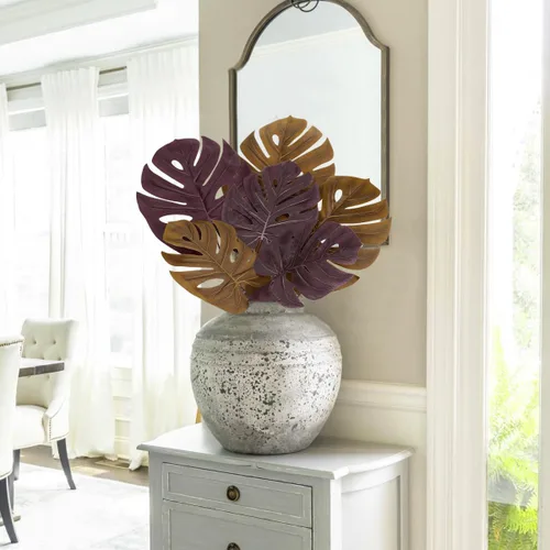 Vista 4 de DILATATA Hojas Artificiales de Monstera con Tallos de 28", Hojas Tropicales de Imitación Otoñales Falsas de Seda Naranja Monstera, Ramas de Palma