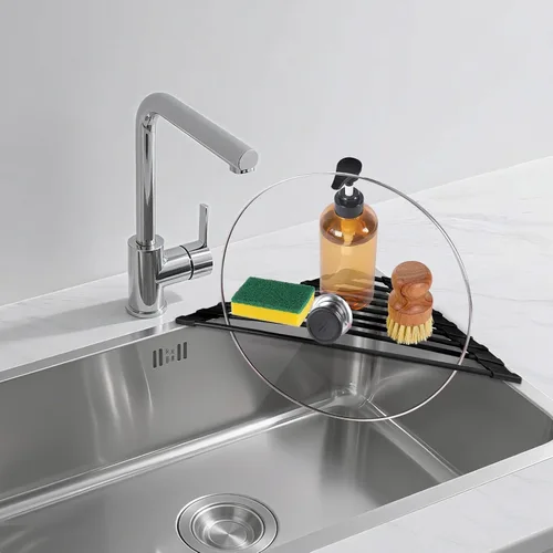 Vista 7 de HANZENMA Estante triangular para fregadero, estante multifuncional sobre la encimera, esterilla plegable para secar el fregadero, resistente al Negro