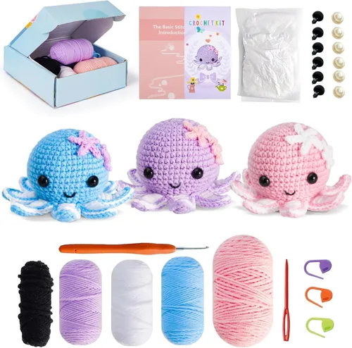 Vista 10 de Gerute Kit de ganchillo de 6 piezas para principiantes, kit de ganchillo de animales con video tutorial paso a paso, kit de ganchillo