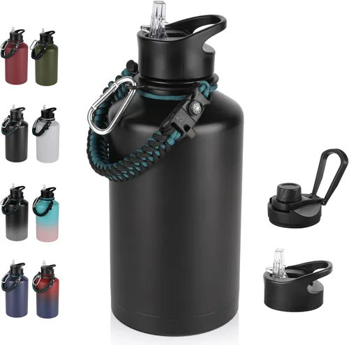 Vista 71 de Botella de agua aislada de 64 onzas con tapas de pajita y boquilla, jarra de agua de acero inoxidable de medio galón con mango de paracord, vacío
