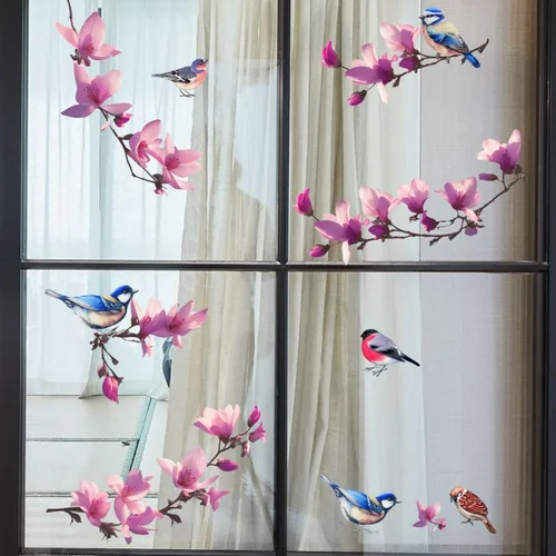 Vista 11 de Adhesivos estáticos para ventana, diseño de flores de primavera, pájaros y mariposas, reutilizables, para bricolaje, ramas de árboles, doble cara