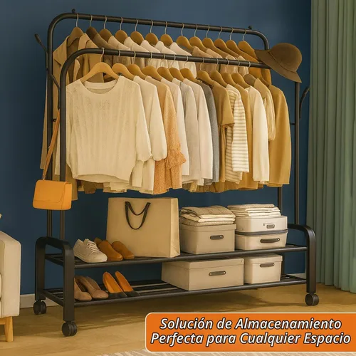 Vista 2 de Perchero resistente, perchero y perchero con ruedas, perchero independiente de doble barra para colgar ropa con estante de 2 niveles y organizador