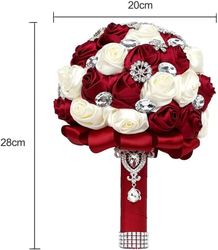 Vista 2 de Sharebeauty Ramo de novia de satén hecho a mano de 7.9 pulgadas, ramo de boda, ramo de flores artificiales