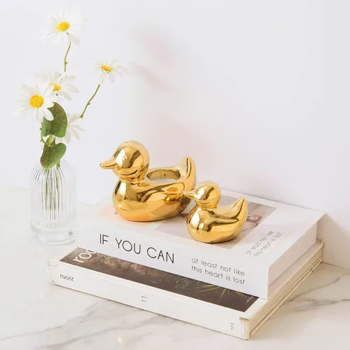 Vista 5 de Figuras de pato de cerámica dorada para decoración del hogar, esculturas y estatuas de animales Decoración de arte hecha a mano, mini pato