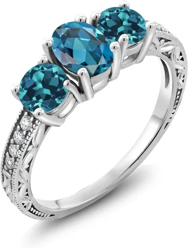 Vista 11 de Gem Stone King Anillo de compromiso de 3 piedras preciosas de oro blanco de 10 quilates con piedra natal y diamantes cultivados en laboratorio