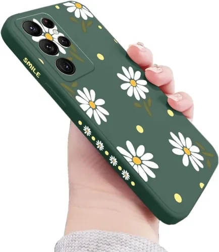 Vista 10 de Funda compatible con Galaxy S21 Ultra con bonito patrón de margaritas, protección de lente de cámara, a prueba de golpes, TPU parachoques de Negro