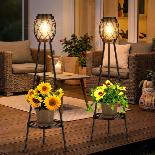 Vista 13 de MXwcy Lámpara de pie solar con soportes para plantas, luces solares para exteriores con bombillas LED Edison vintage, luces de jardín resistentes a