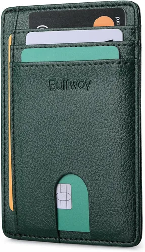 Vista 10 de Buffway - Carteras de cuero delgadas minimalistas con bolsillo frontal y bloqueo RFID para hombres y mujeres, negro (Alaska Black), Minimalista